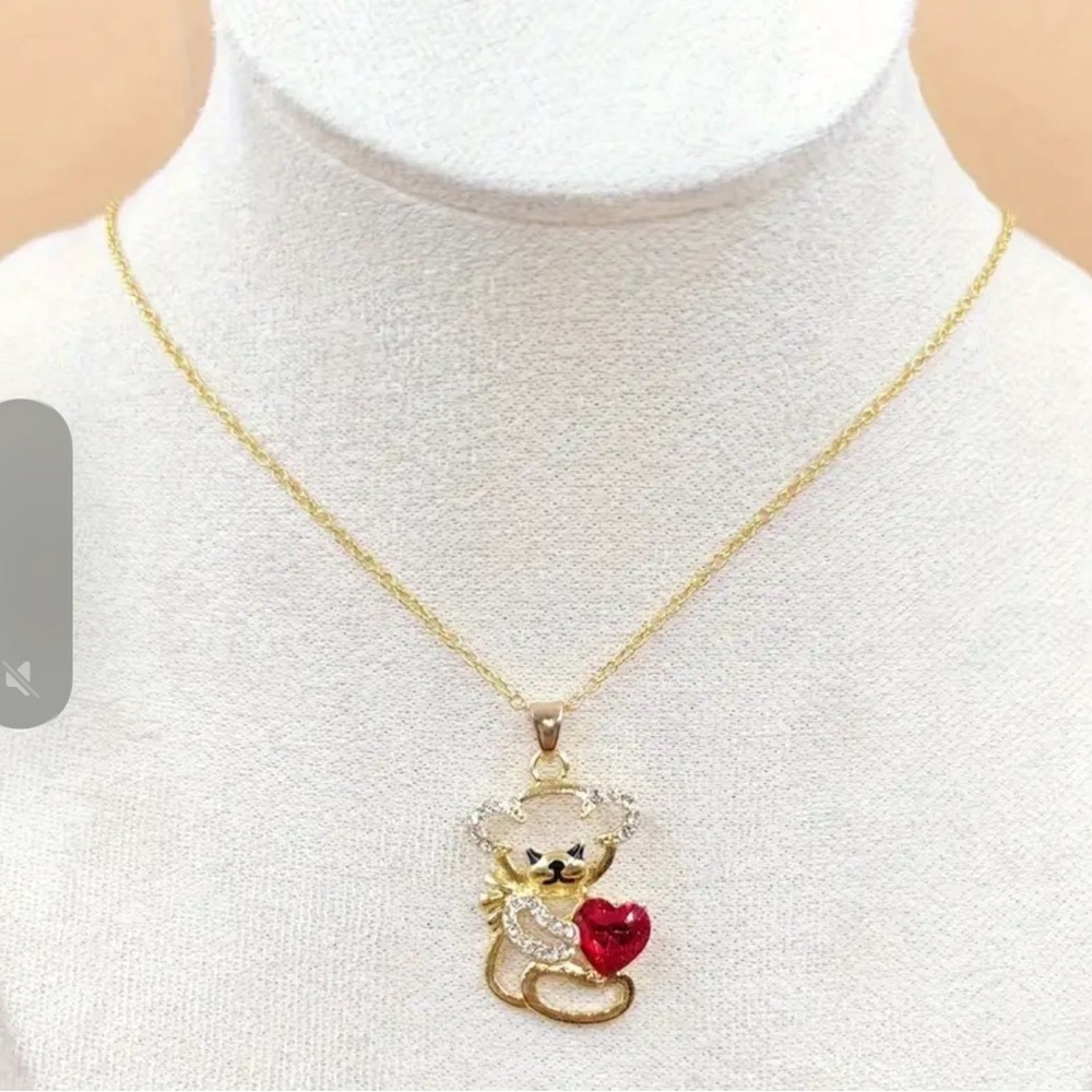 Gold Bear Pendant Necklace with Red Heart.